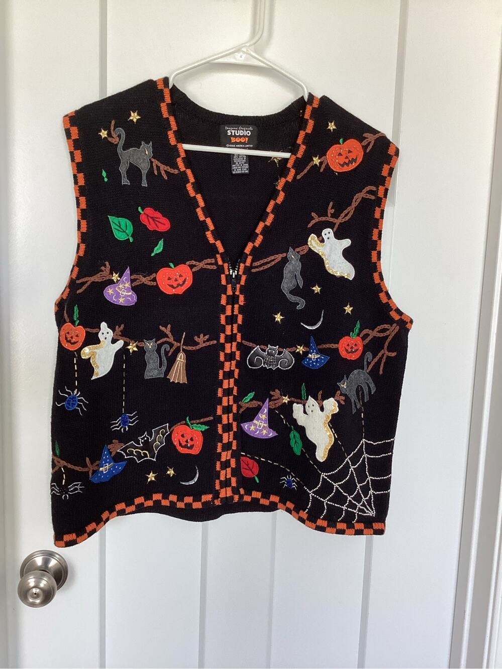 Vintage Designers Originals Studio BOO! Halloween Zip Knit Sweater Vest Large